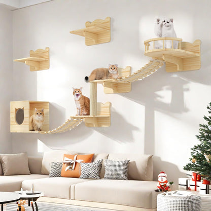 YITAHOME Cat Wall Shelves and Perches for Wall, Solid Wood Wall Mounted Cat Furniture 9 Piece Set, Cat Climbing Shelves Playground Scratching Post with 4 Steps Indoor Mounted Condos House