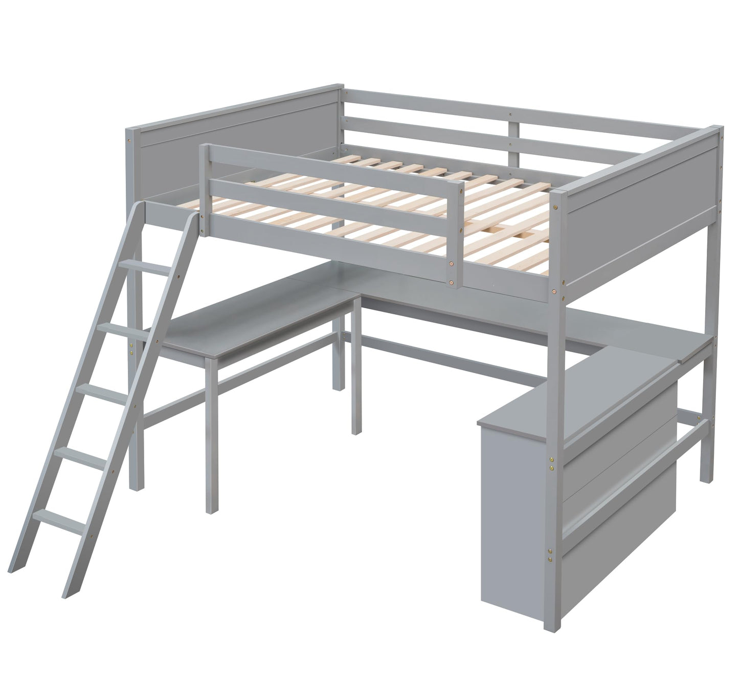 Full Size Loft Bed with L-Shaped Desk, Storage Shelves & Drawers in Grey - Solid Wood Frame with Guardrails & Ladder for Space-Saving Solutions - WoodArtSupply