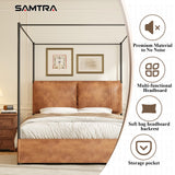 Modern Canopy Bed Frame with Upholstered Faux Leather Headboard – Tall Four Poster Metal Platform Bed, No Box Spring Needed, Queen Size, Brown and Black SAMTRA