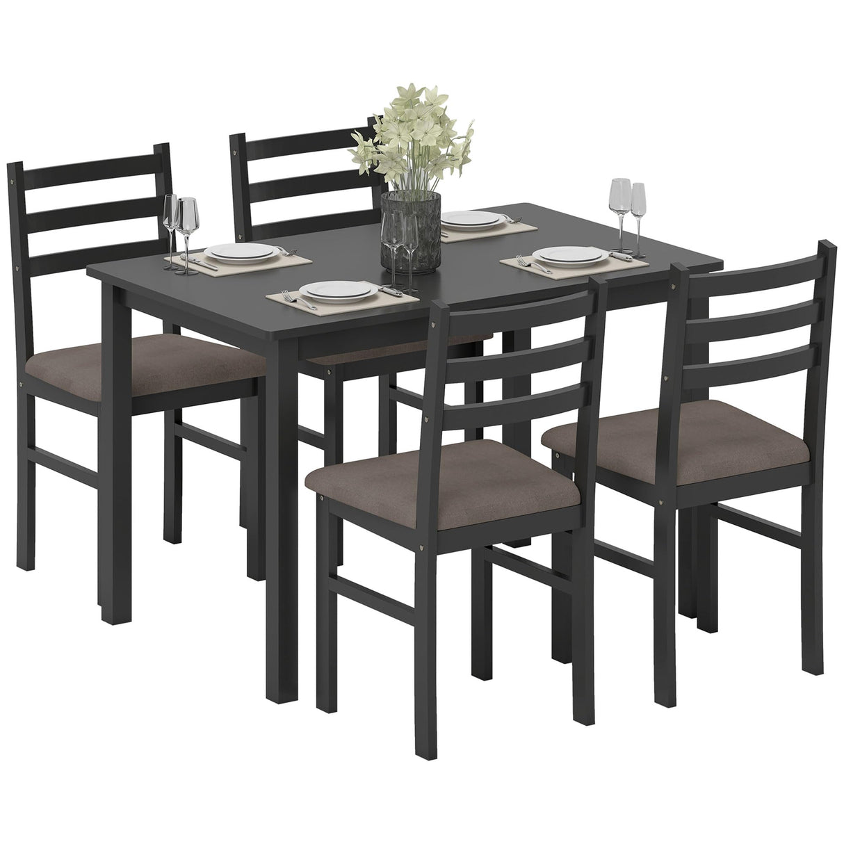 HOMCOM 5-Piece Dining Table Set for 4 with Solid Wood Frame, Farmhouse Kitchen Table Set with 4 Upholstered Padded Chairs for Small Space, Dining Room, Breakfast Nook, Black HOMCOM