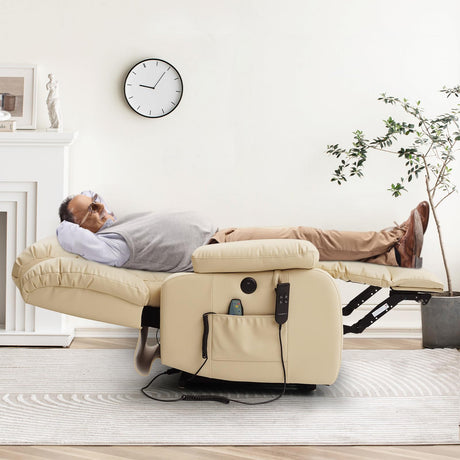 MEROUS Dual Motor Large Power Lift Recliner Chair for Elderly with Heat and Massage,Lay Flat Lift Chairs Recliners for Seniors Infinite Position,USB Ports&Remote, Genuine Leather (Beige) MEROUS