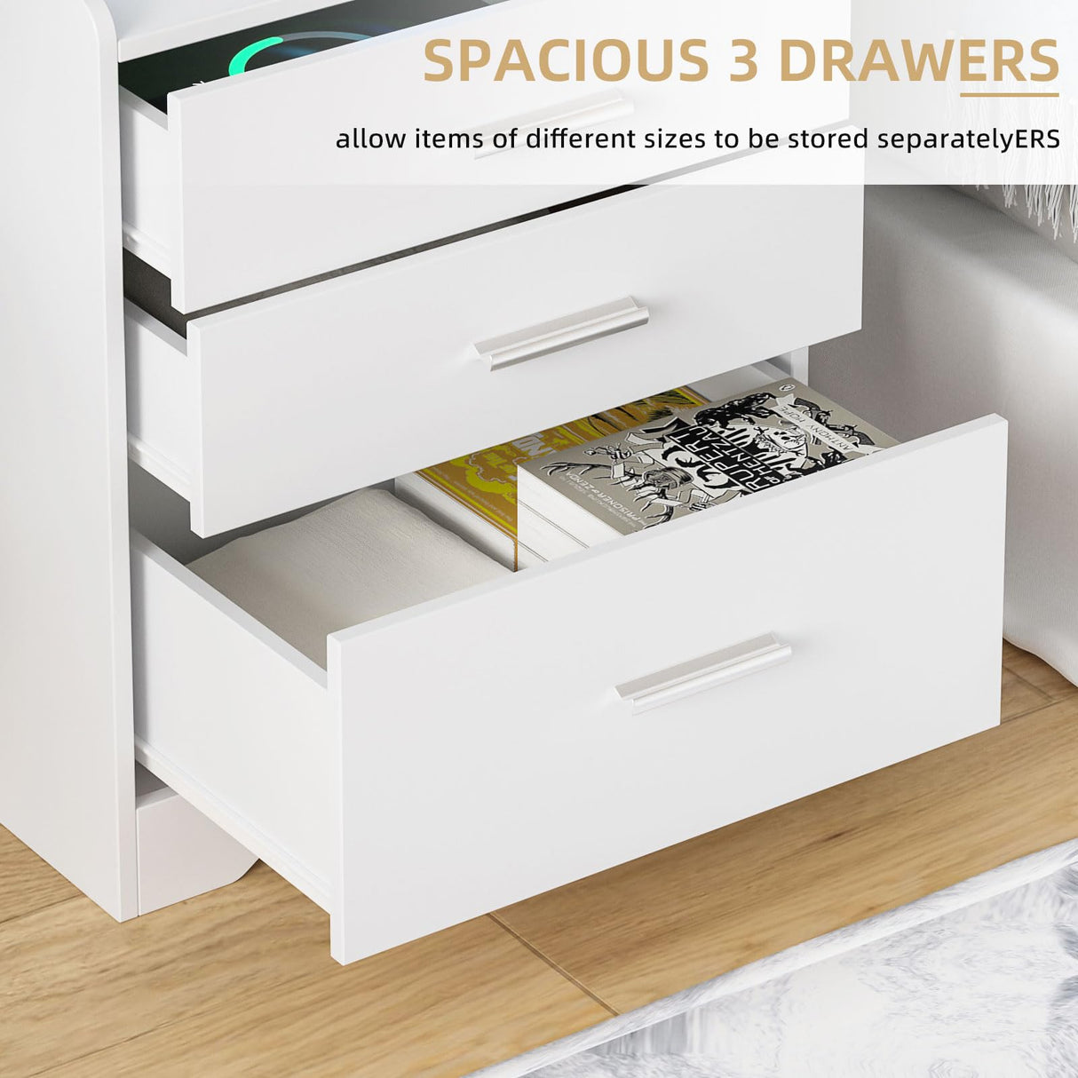 Vabches Nightstand with Charging Station, LED Nightstand with 3 Drawers, Smart Night Stand Bed Side Table, Wood Nightstand for Bedroom Living Room Vabches