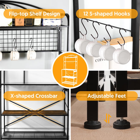 Home Limpidity Bakers Rack for Kitchen, 33-inch Wide Coffee Bar Station with Power Outlet, 5 Tier Microwave Stand Storage Shelf with S-Shaped Hooks, Metal Frame with Brown Wood Tabletop Home Limpidity