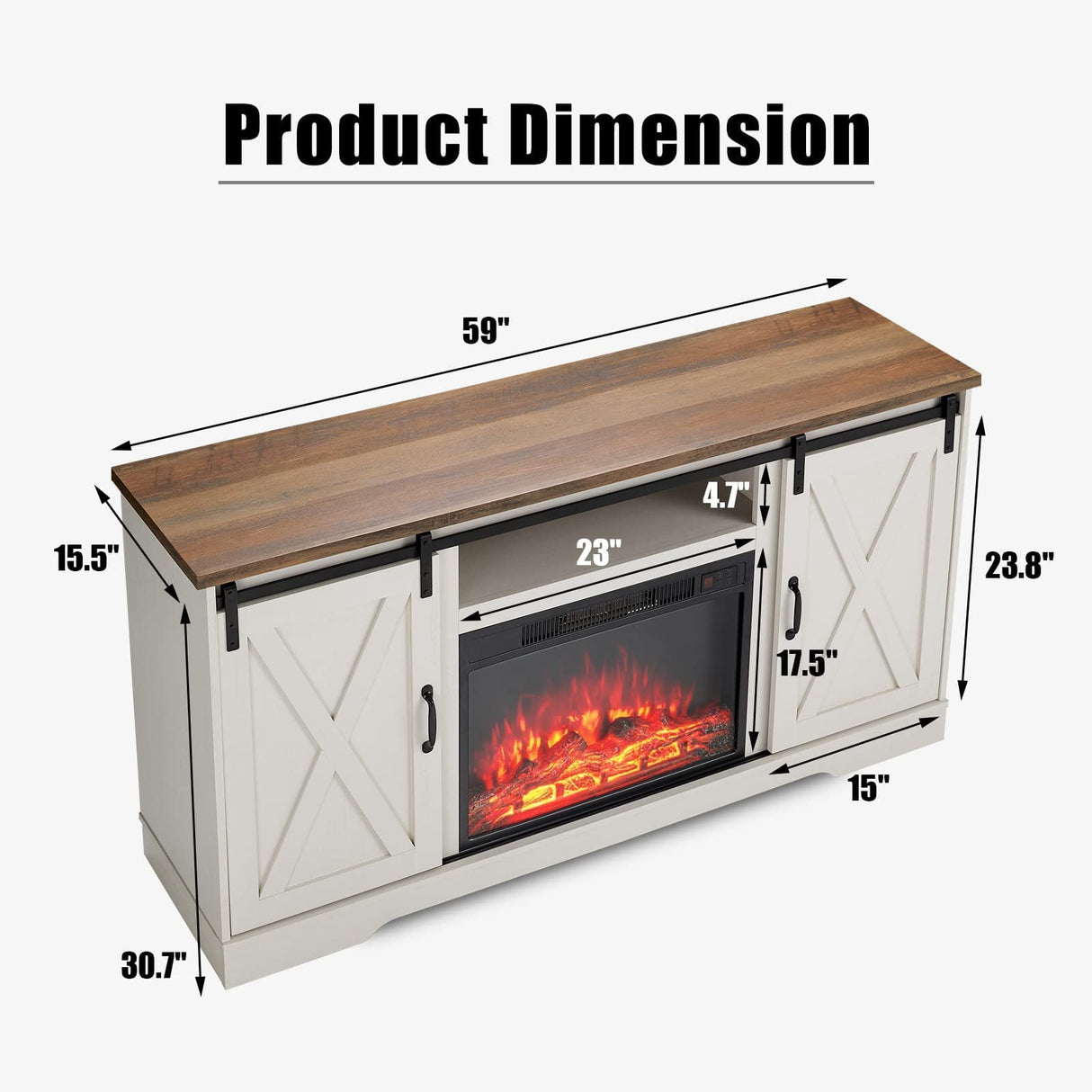 Fireplace TV Stand with Sliding Barn Door for TVs up to 65", Farmhouse 59" Fireplace Entertainment Center with Storage Cabinets/Adjustable Shelves, Distressed White & Barnwood AMERLIFE