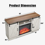 Fireplace TV Stand with Sliding Barn Door for TVs up to 65", Farmhouse 59" Fireplace Entertainment Center with Storage Cabinets/Adjustable Shelves, Distressed White & Barnwood AMERLIFE