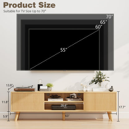 Buenhomino TV Stand for TVs Up to 75 Inches, Boho Entertainment Center Wood TV Stand with Fluted Sliding Doors & Shelves, TV Console Table Media Cabinet with Storage for Living Room Bedroom, Natural