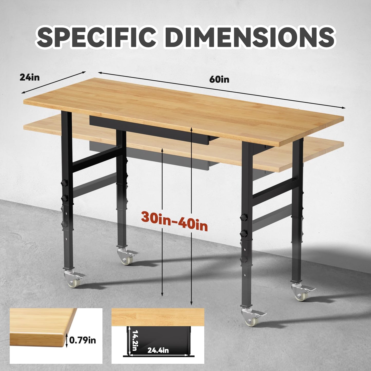 Granper 60" Adjustable Height Workbench, Solid Wood Work Table with Drawers and Power Outlet, Garage Workbench with Wheels, 2000 LBS Load Capacity, Heavy-Duty Tool Workbench for Workshop, Off - WoodArtSupply