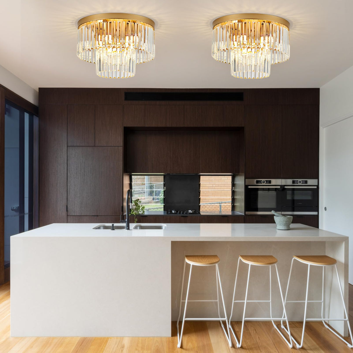 Faibra 17" Gold Crystal Ceiling Light - Modern 9-Light 2-Tier Luxury K9 Crystal Fixture for Dining Room, Kitchen, Island, Living Room, Bedroom Faibra