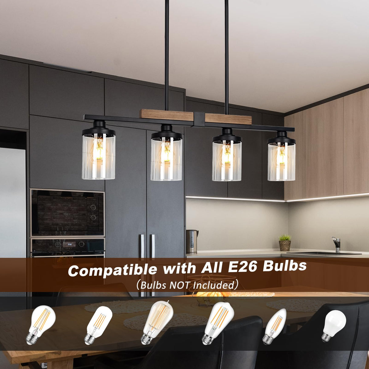 Dining Room Light Fixture Over Table, Farmhouse 4-Light Kitchen Island Lighting, Modern Wood Chandelier with Adjustable Height, Large Industrial Black Pendant Lights Ceiling Hanging for Living Room VenzBlomia