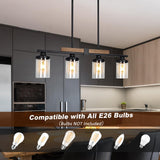 Dining Room Light Fixture Over Table, Farmhouse 4-Light Kitchen Island Lighting, Modern Wood Chandelier with Adjustable Height, Large Industrial Black Pendant Lights Ceiling Hanging for Living Room VenzBlomia