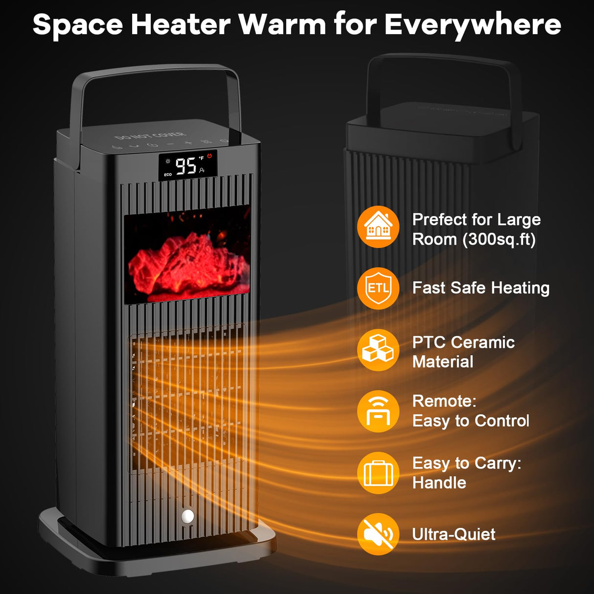 Space Heater with Infrared Sensor,Fireplace Flame Effect,1500W Oscillating Electric Ceramic Room Heater,Mini Fast Heating for Indoor Use,Bedroom,Office Room,Desk,Garage Verminget