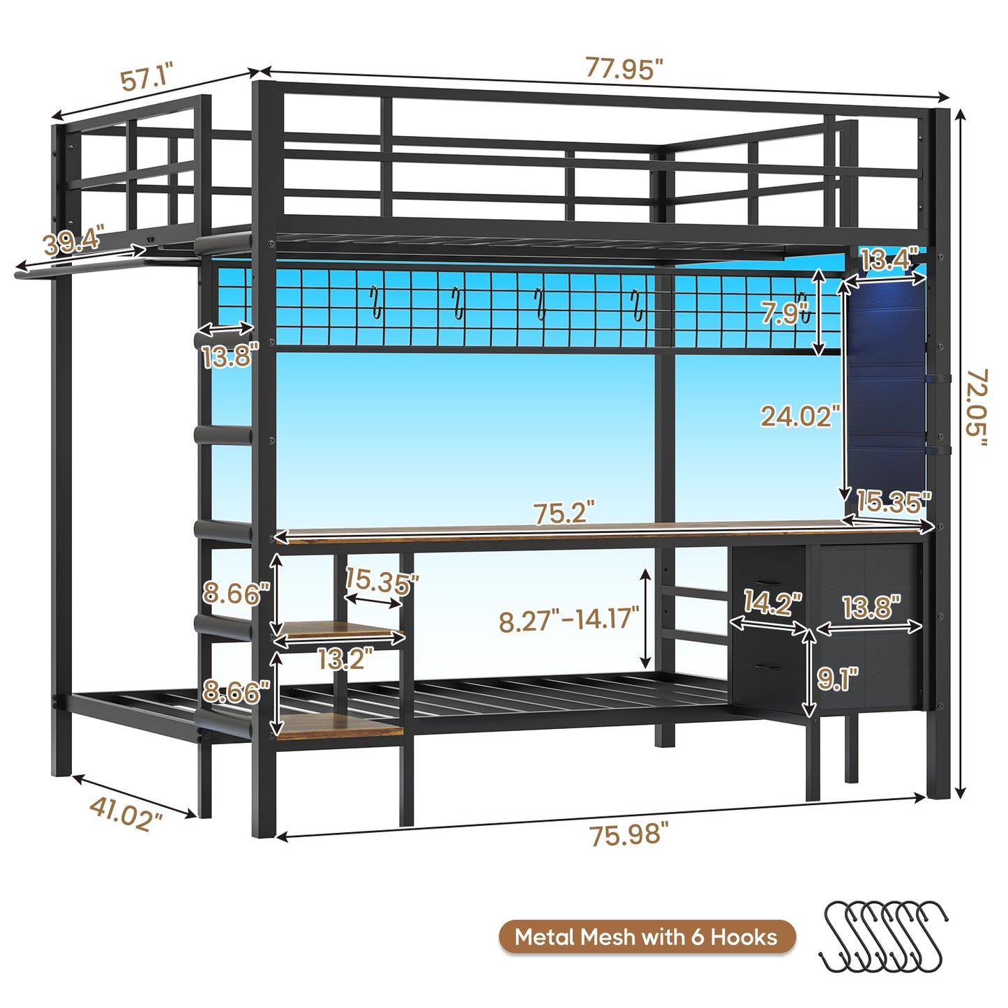 Hasuit Metal Bunk Bed Full Over Twin with Desk Convertible Storage Shelf,Loft Bed with Led Lights & Charging Station,Bunk Bed for Teens with Safety Guard & Stairs,Space Saving Bedroom Furniture,Black