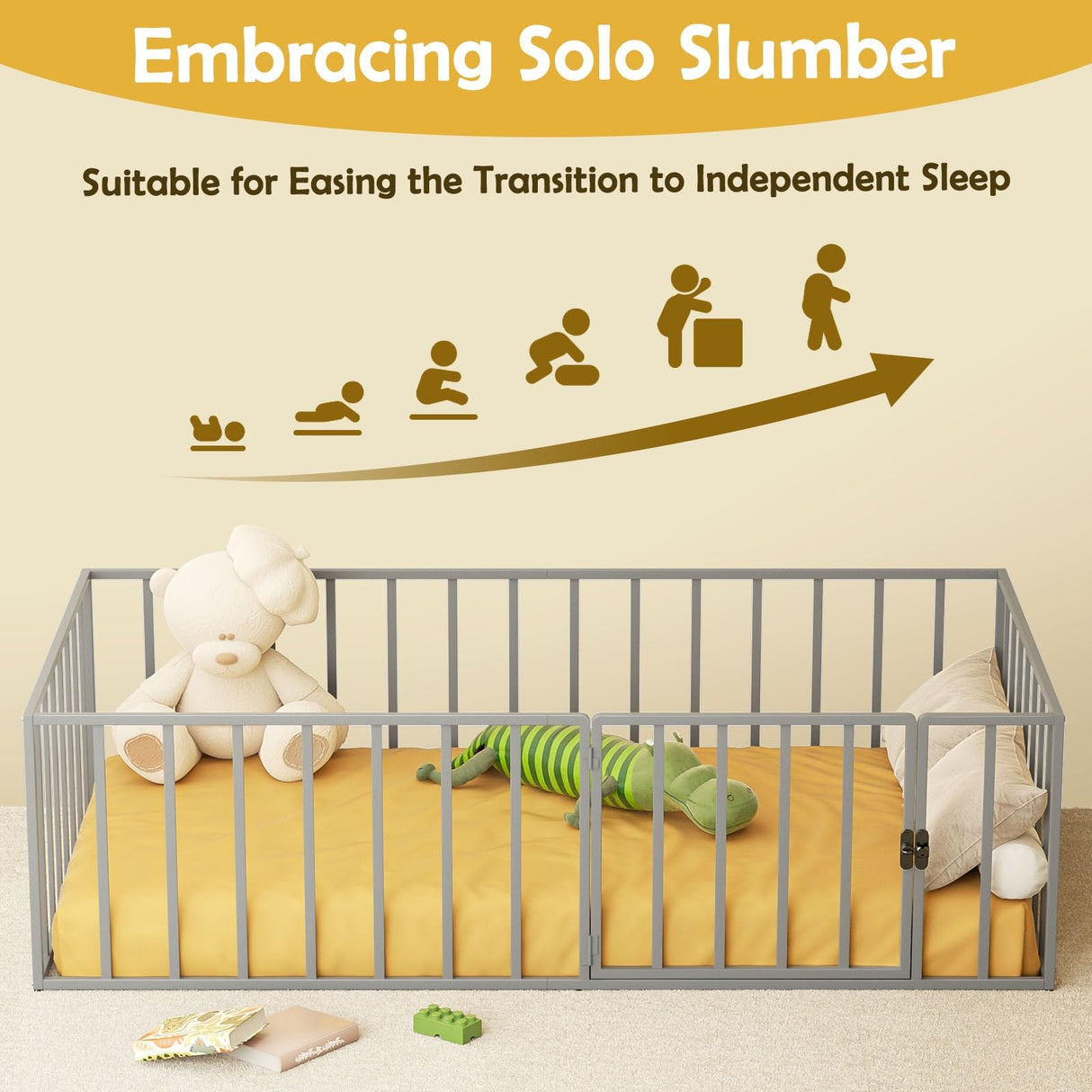 MODCART Twin Size Floor Bed Frame, Metal Montessori Platform Bed with Safety Guardrails Fence 77×41×21 Easy Assembly for Bedroom Playroom MODCART