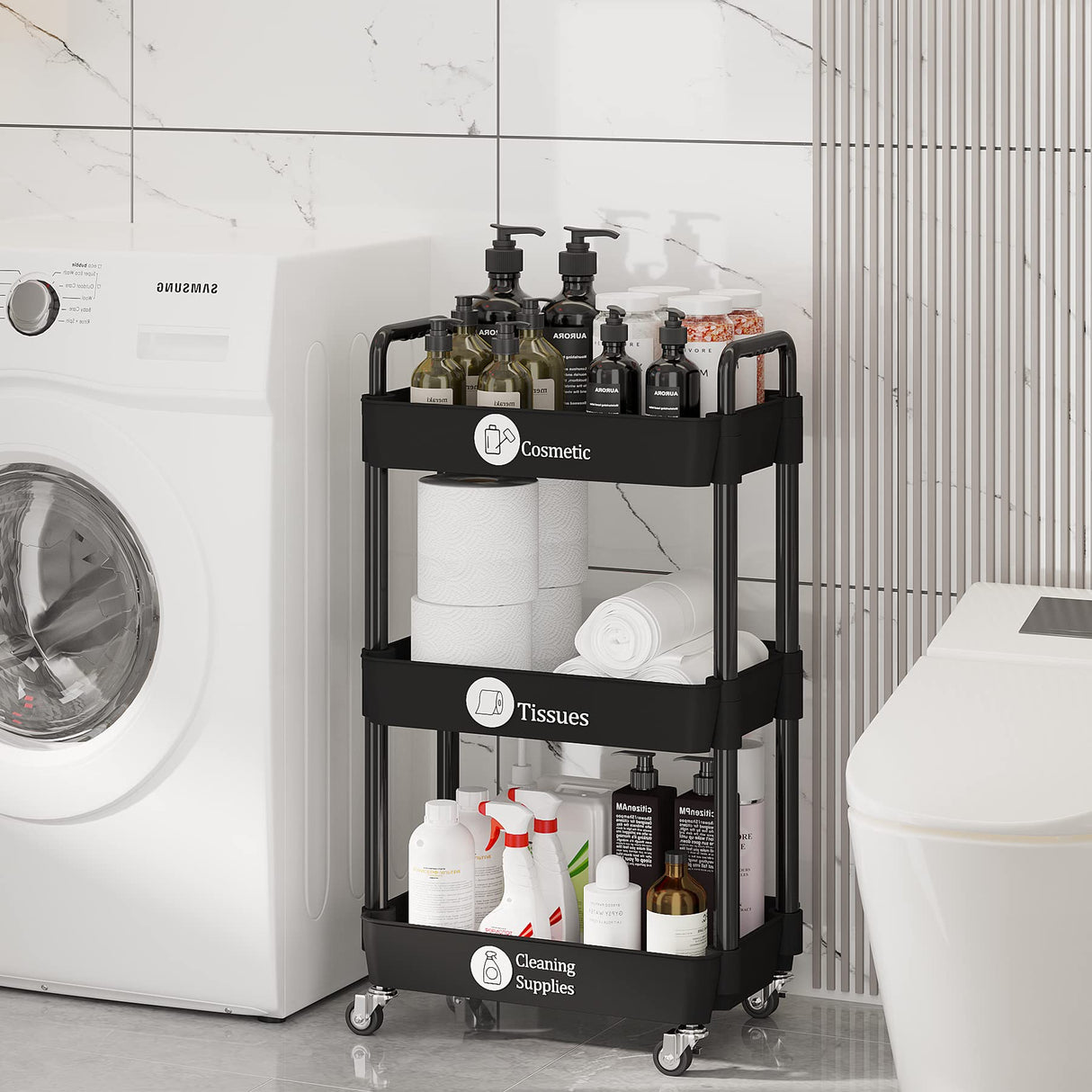 Laiensia 3-Tier Kitchen Storage Cart,Multifunction Utility Rolling Storage Organizer,Mobile Shelving Unit Cart with Lockable Wheels for Bathroom,Laundry,Living Room,With Classified Stickers,Black Laiensia