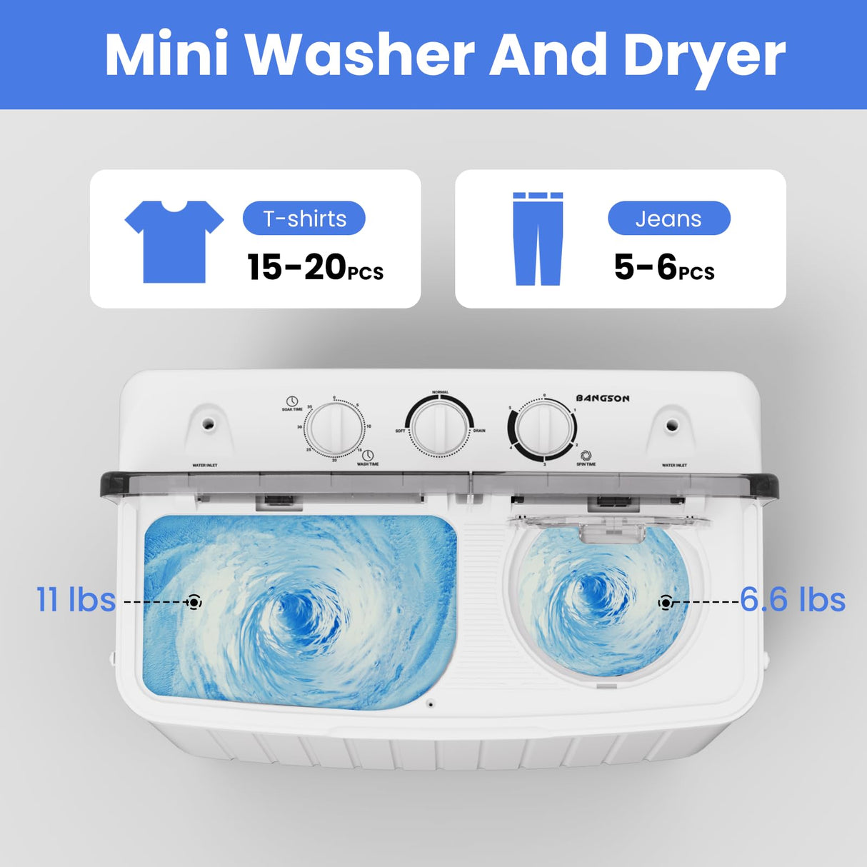 BANGSON Portable Washing Machine, Mini Twin Tub Washer and Dryer Combo with 17.6 lbs Large Capacity, Portable Washer for Apartment, Dorm, RV, Camping, Home, 25.6x14.2x28.8 inches, White & Blue BANGSON