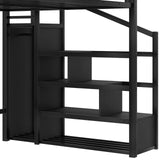 Queen Loft Beds with Storage Beside Shelves and Wardrobe, Metal Loft Bed Queen with LED Lights and USB Ports, Heavy-Duty Loft Bed Frame for Teens, Adults, Noise-Free & Space-Saving, Metal Black Bellemave