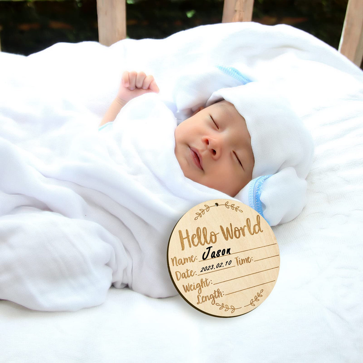 Baby Announcement Sign, 5.9 Inch Round Baby Nursery Name Signs with Ink Pad for Baby Hand and Footprints Wooden Hello World Newborn Sign for Photo LUTER
