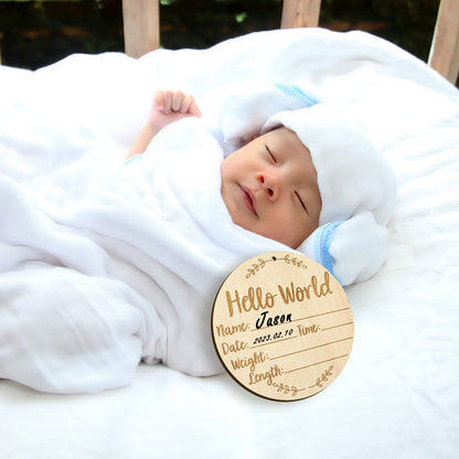 Baby Announcement Sign, 5.9 Inch Round Baby Nursery Name Signs with Ink Pad for Baby Hand and Footprints Wooden Hello World Newborn Sign for Photo