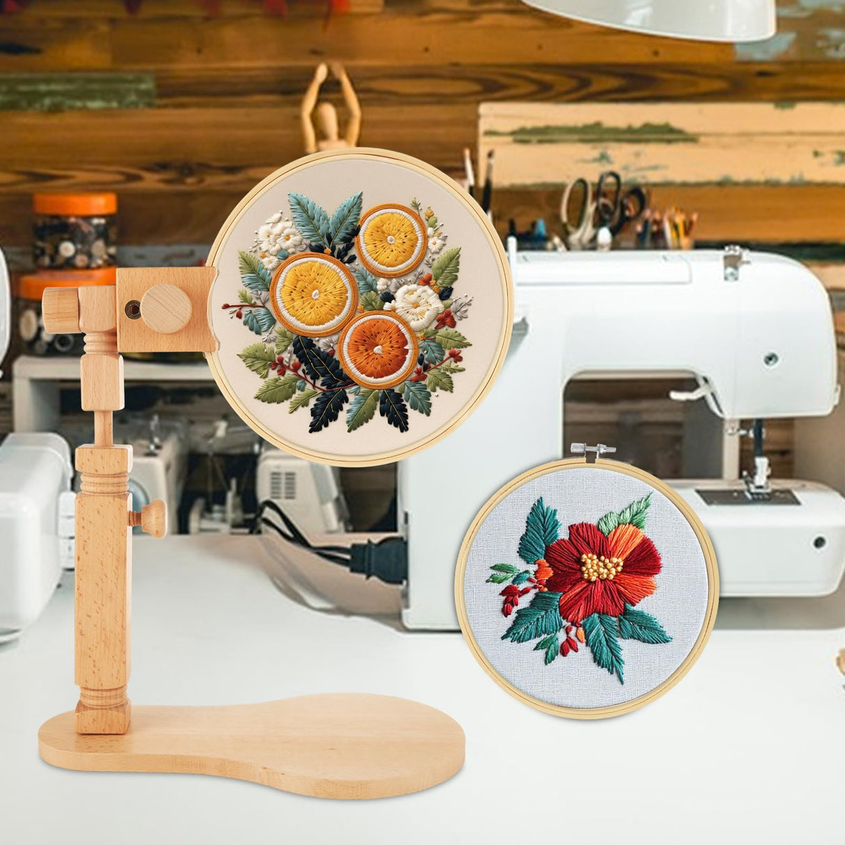 1PCS Embroidery Hoop Stand with 6 PCS 3'' to 8'' Embroidery Hoops Beech Wood Adjustable Rotated Wooden Embroidery Stand, Embroidery Hoop Holder for Cross Stitch and Embroidery Project SENENQU