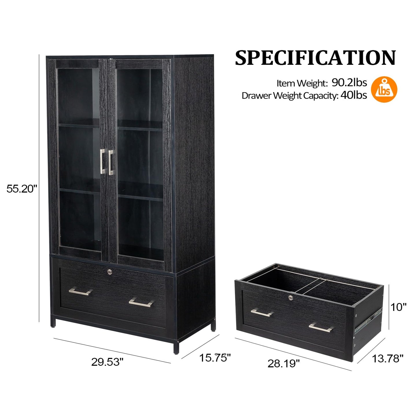 VINGLI Black Lateral File Cabinet with Glass Doors and Locking Drawer for Home Office Storage - WoodArtSupply