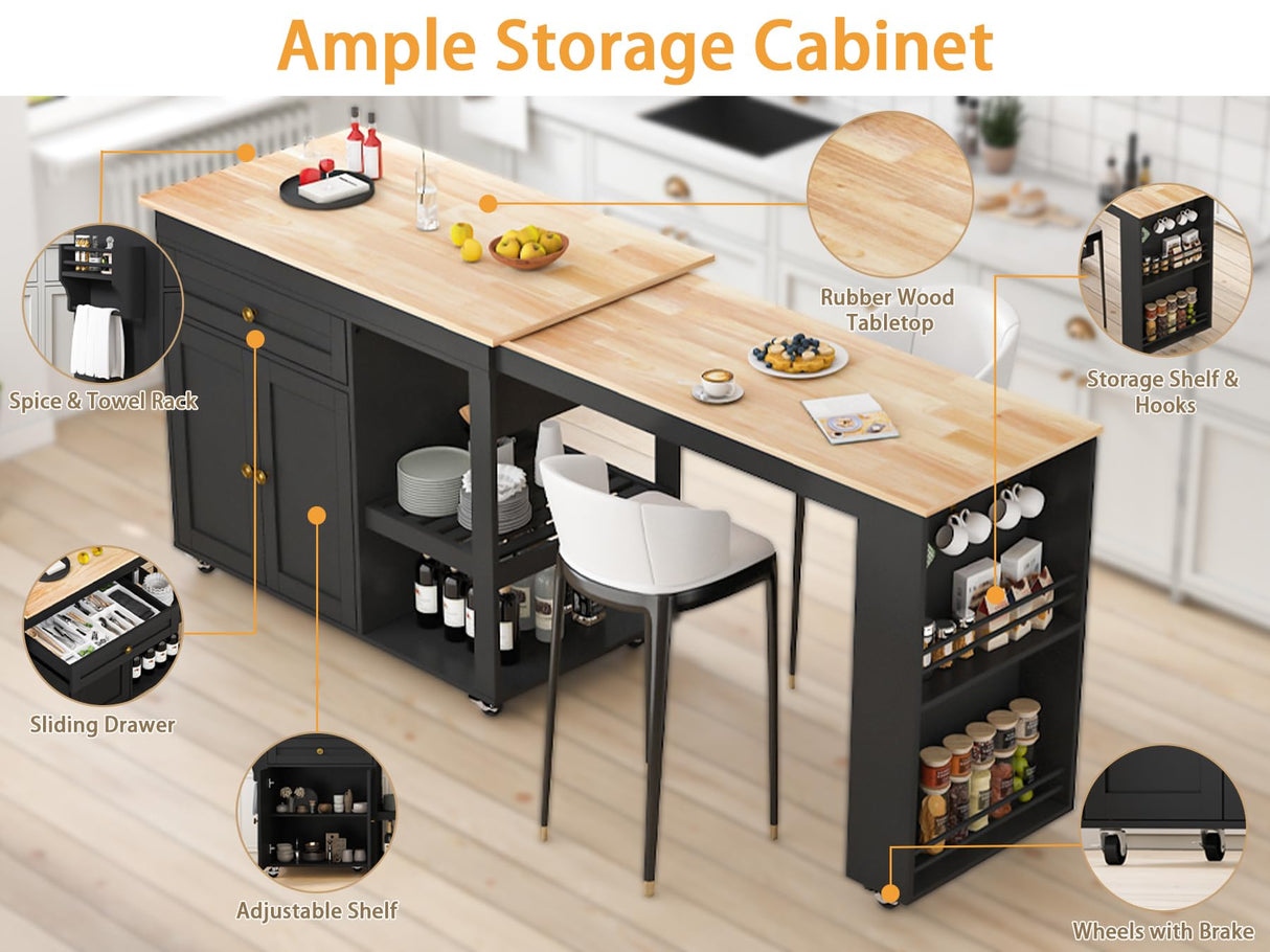JassmiPkwy 77.8'' Rolling Kitchen Island with Extendable Dining Table for 2-4, 2 in 1 Kitchen Islands Cart on Wheels, Storage Cabinet with Drawer, 2-Tier Storage Shelf, Black JassmiPkwy