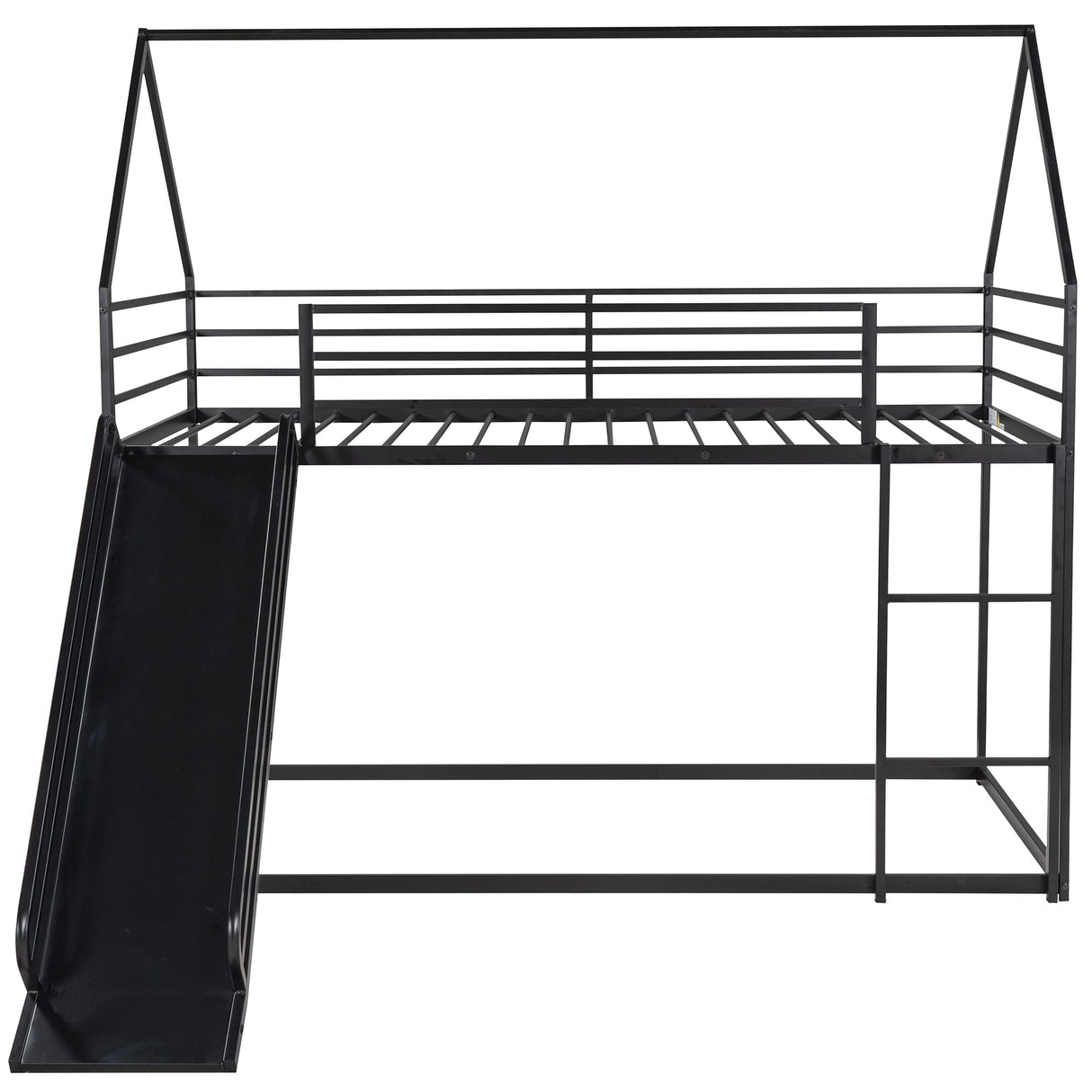 Merax Modern Twin Over Twin Heavy Steel Low Bunk Bed with Ladder and Slide House Shaped Bunk Bed Frame for Kids Boys Girls Space-Saving, Black Merax