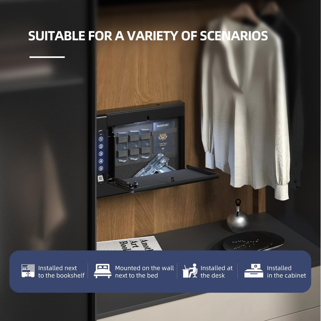 XDeer Wall Gun Safe, Biometric Gun Safes for Pistols, Quick-Access Handgun Safe with Fingerprint & Digital Key Pad, Pistol Safe for Home, Up to 1 Full-size pistol S008QG XDeer