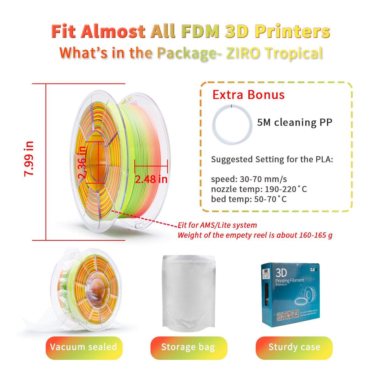 ZIRO 3D Printer Filament, Faster Color Change Filament 1.75mm, Color Gradient Material, No-Shine Rainbow PLA, Dimensional Accuracy +/- 0.03mm, Fit Most FDM Printer 1KG Spool, Tropical (Matte) ZIRO