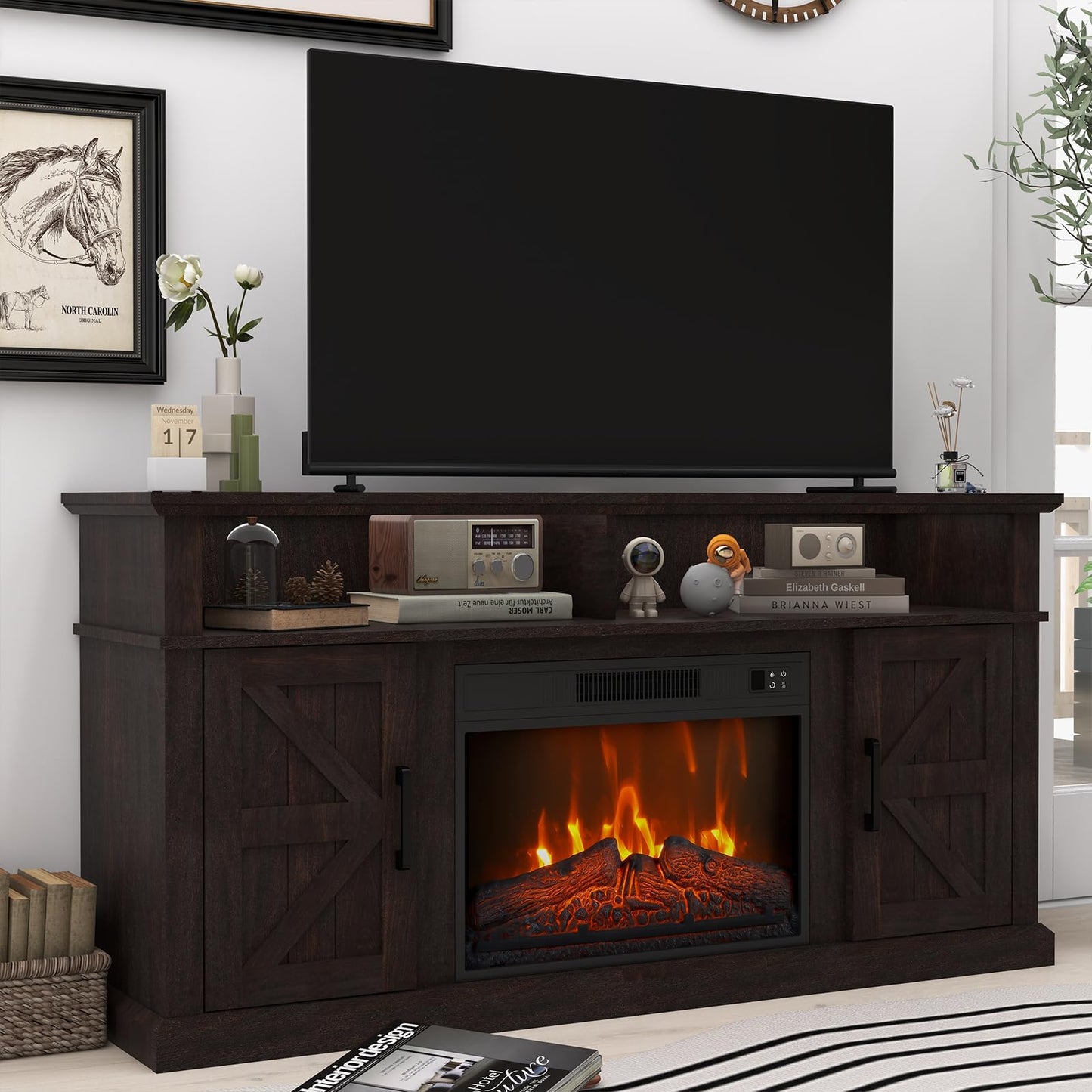 Luban Nese Fireplace TV Stand for TVs Up to 65" with 23" Electric Fireplace, Entertainment Center with Storage Cabinet and Open Shelves, Media Console with Barn Doors for Living Room (Espresso)