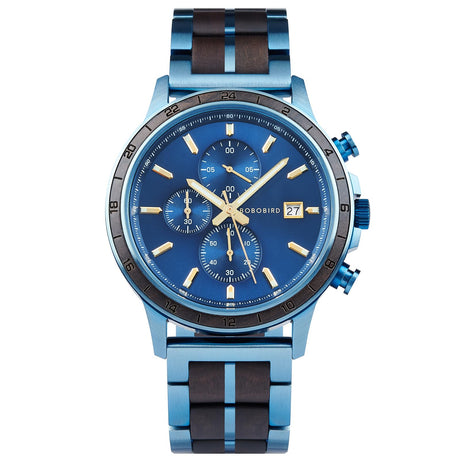 BOBO BIRD Men's Wooden Watch with Stainless Steel Wood Strap, Japanese Quartz Movement, Multi-Functional Chronograph Watch for Business and Daily Wear (Bule) BOBO BIRD