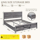 JXQTLINGMU Farmhouse King Size Bed Frame with 47" Tall Headboard, Wood King Bed Frame with Storage Cabinet, Solid Wood Slats Support, Noiseless, No Box Spring Needed (Grey) JXQTLINGMU
