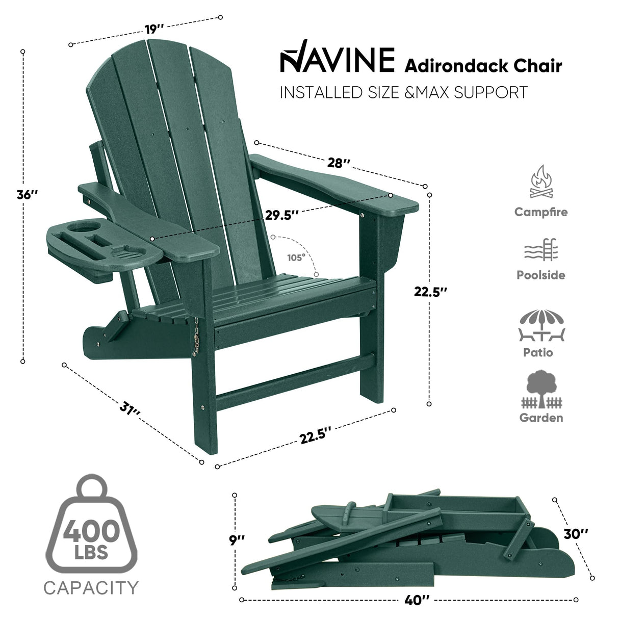 NAVINE Adirondack Chair Set of 4, HDPE Folding Adirondack Chair with Multifunctional Cup Holder, Weather Resistant Fire Pit Chair for porches, patios, poolsides, Decks. NAVINE