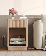 Akxomel Fluted Nightstand, Wooden Night Stand with Charging Station and LED Light, Modern Mid Century End Table with Drawer, 15" D x 15.7" W x 22.6" H, for Bedroom, Natural Oak Akxomel