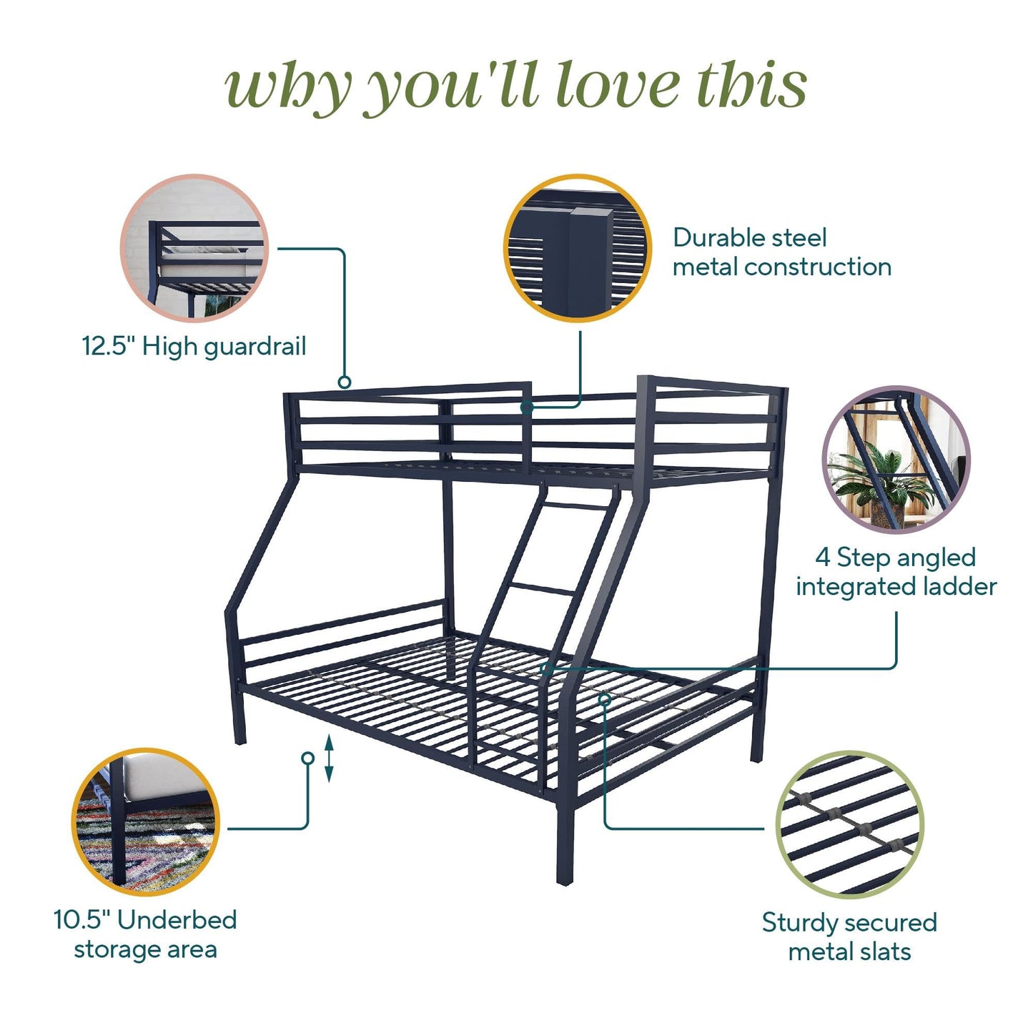 Novogratz Maxwell Twin-Over-Full Metal Bunk Bed with Ladder and Guardrails, Navy Blue