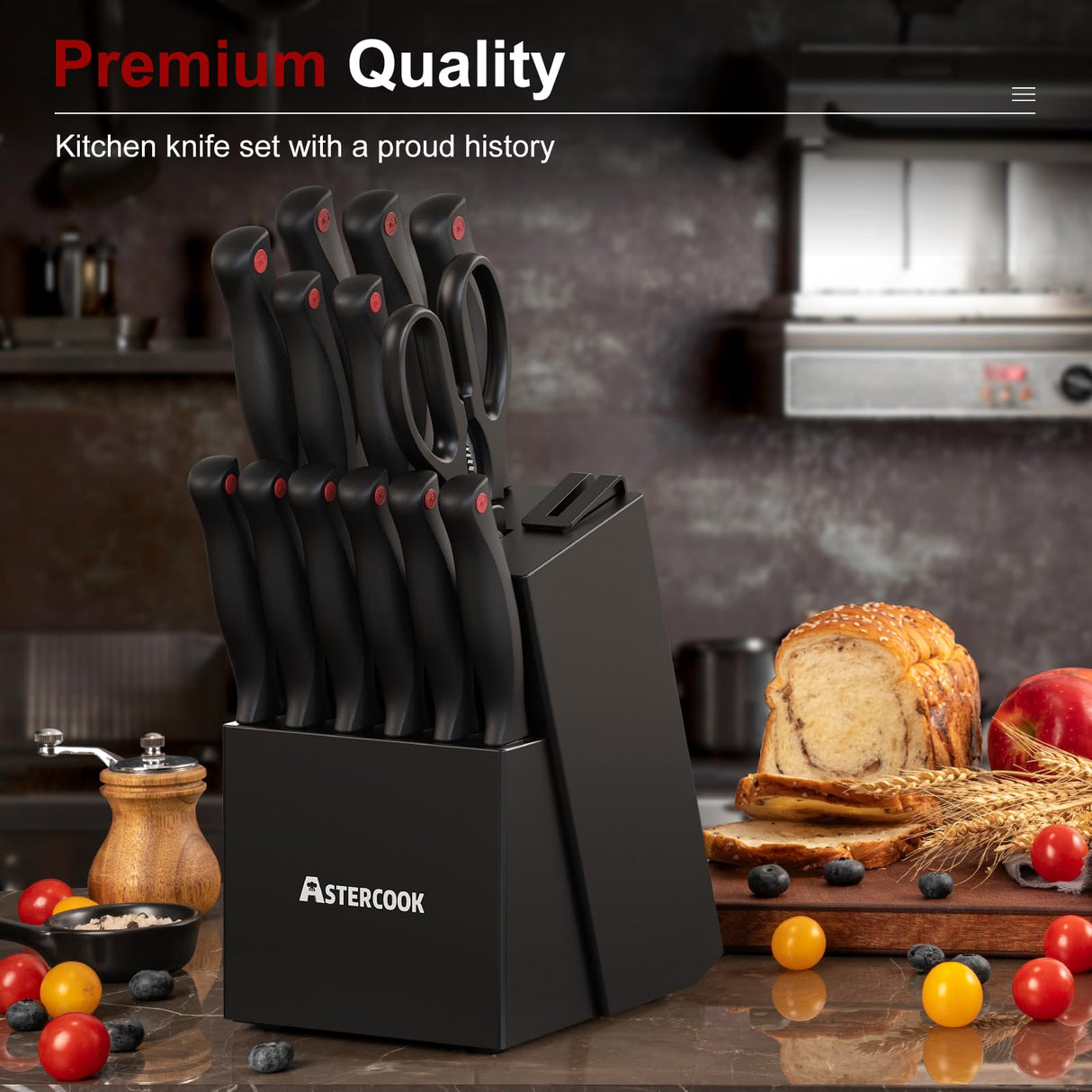 Astercook 15 Piece Knife Set with Sharpener Block - German Stainless Steel, Dishwasher Safe Kitchen Knives with Built-In Sharpener, Black Astercook