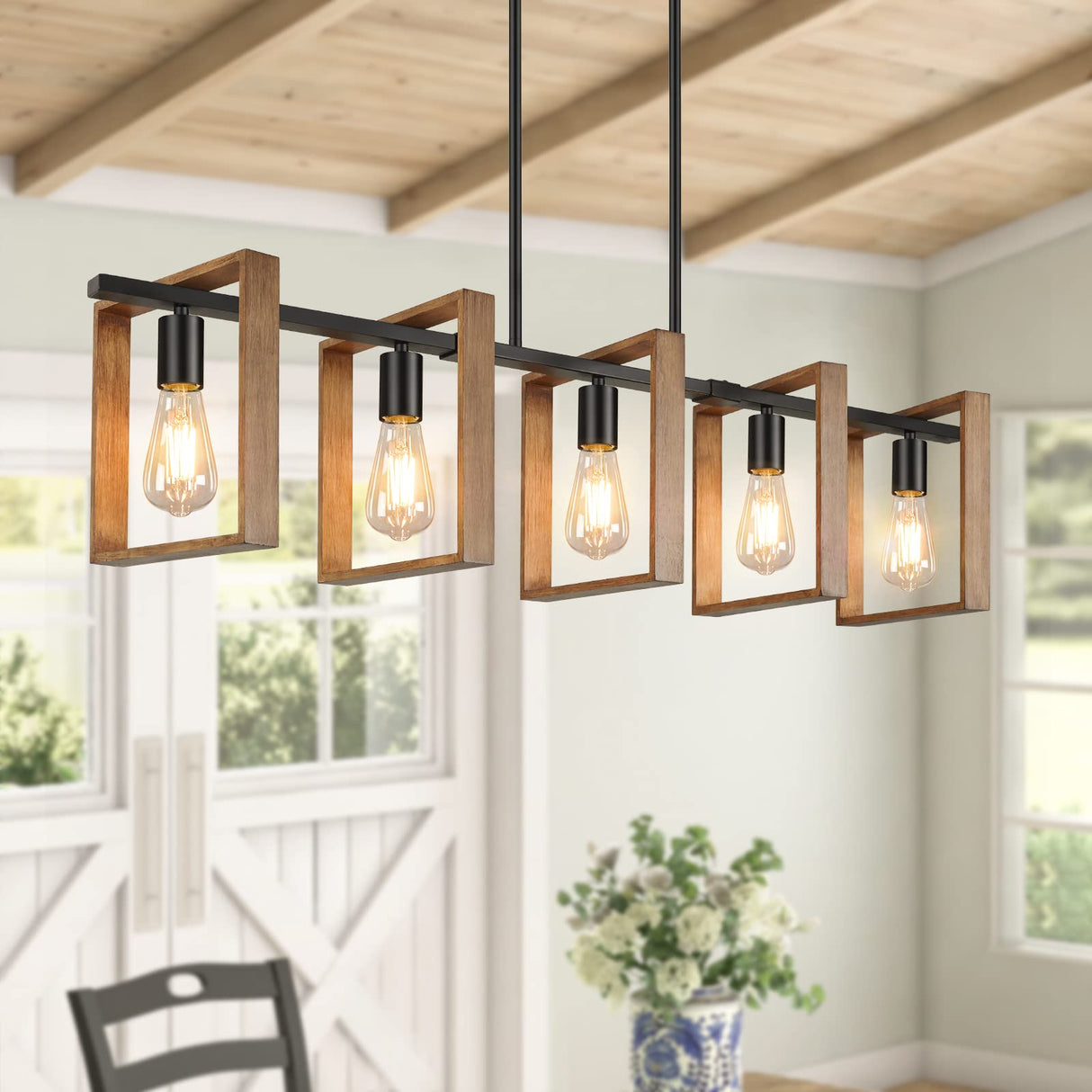 53’’ Farmhouse Kitchen Island Lighting, 5-Light Adjustable Dining Room Light Fixtures, Rustic Wood Chandeliers Black Hanging Light Fixtures for Kitchen, Pool Table Lights, Bulbs Not Included Brightever