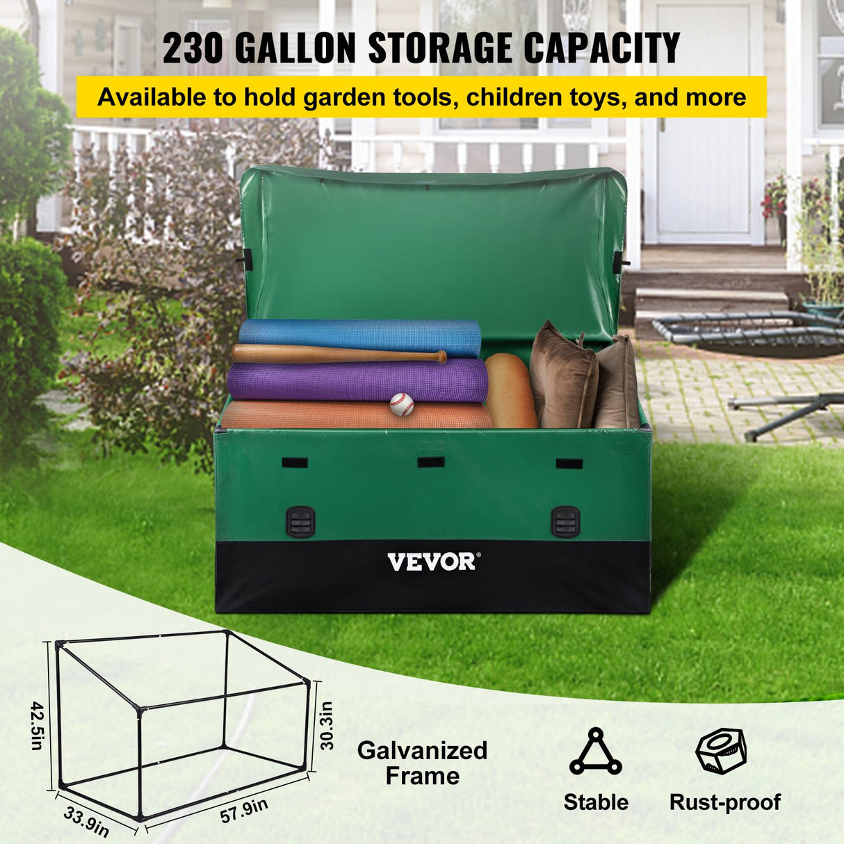 VEVOR Outdoor Storage Box, 230 Gallon Waterproof PE Tarpaulin Deck Box w/Galvanized Frame, All-Weather Protection & Portable, for Camping, Garden, Poolside, and Yard, Black & Green VEVOR