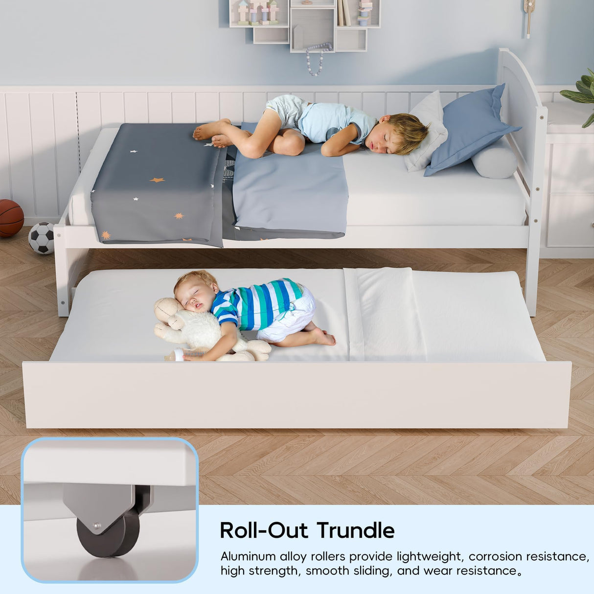 TOLEAD Daybed with Trundle, Twin Size Pull Out Bed, Solid Wood Extendable Day with Trundle Bed Twin, Include Slat Support (White, Trundle) TOLEAD