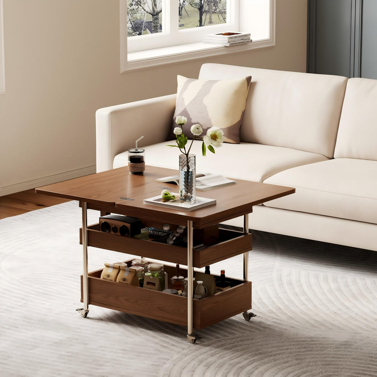 Flip Top 2-in-1 Multi-Function Coffee Table on Wheels, Extendable Center Table with Storage and Hidden Compartment, Convertible End Table Side Table Small Dining Table for Apartment Small Spaces CycleCrew