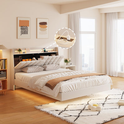Ushow Modern Queen Floating Bed Frame with LED Lights, Storage Headboard & Charging Station in Beige