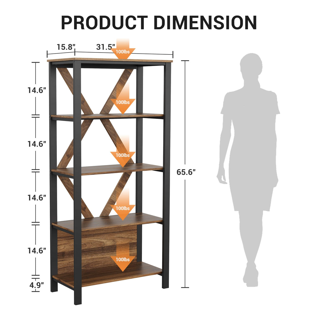 IDEALHOUSE 5 Tier Book Shelf with LED Lights, Brown Industrial Metal Display Book Case, Open Book Shelf Organizer, Tall Bookshelf, Heavy Duty Storage Bookcase for Bedroom Office Living Room IDEALHOUSE