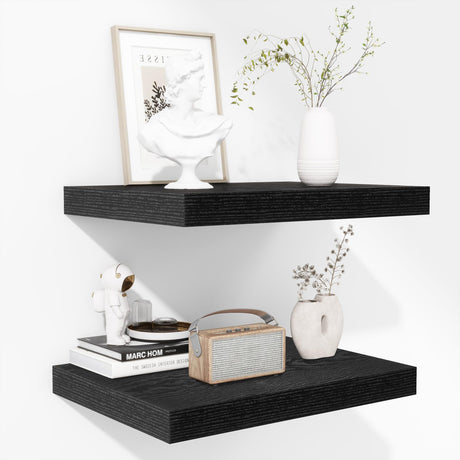 Fun Memories Floating Shelves - 2 Pack 12 Inch Deep Rustic Wooden Wall Shelves - Extra Deeper & Thicker Wall Mounted Storage Shelf for Kitchen, Farmhouse - 16" W x 12" D x 1.5" H - Rustic Black Fun Memories