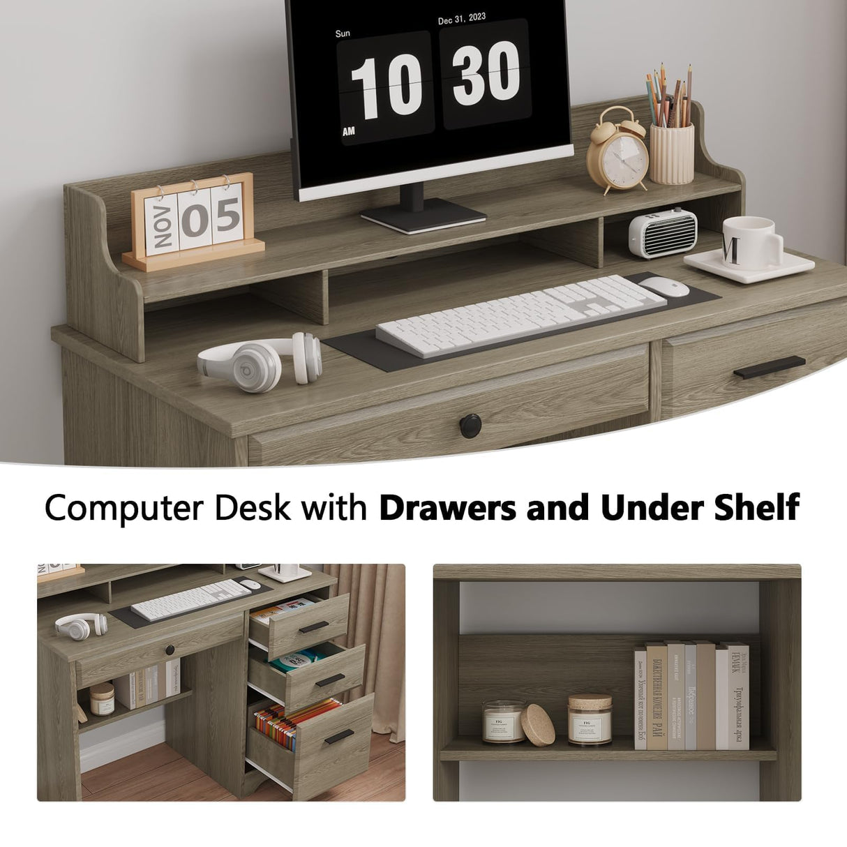 4 EVER WINNER Computer Desk with Drawers, Farmhouse Home Office Desk with Monitor Stand and File Drawer, Wood Simple PC Desk with Storage, Writing Desk for Bedroom, Grey 4 EVER WINNER