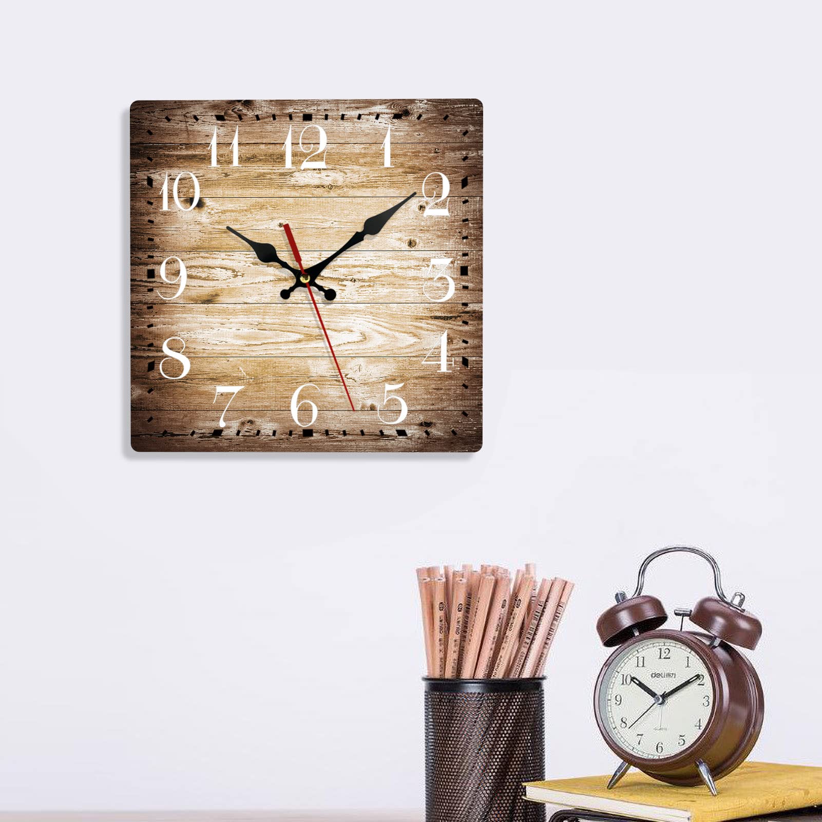 ArtSocket Wooden Wall Clock Silent Non-Ticking, Brown Grain Cracked Ancient Dirty Fence Gray Rustic Coastal Square Wall Clocks Decor for Home Kitchen Living Room Office(12 Inch) - WoodArtSupply