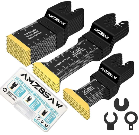 AMZBSAW 22PCS Titanium Oscillating Multitool Blades Metal Cutting, Universal Saw Blades for Metal Nails Hard Material and Wood Plastic, Multi Tool Blades Kits Fit Dewalt Bosch Milwaukee Ryobi AMZBSAW