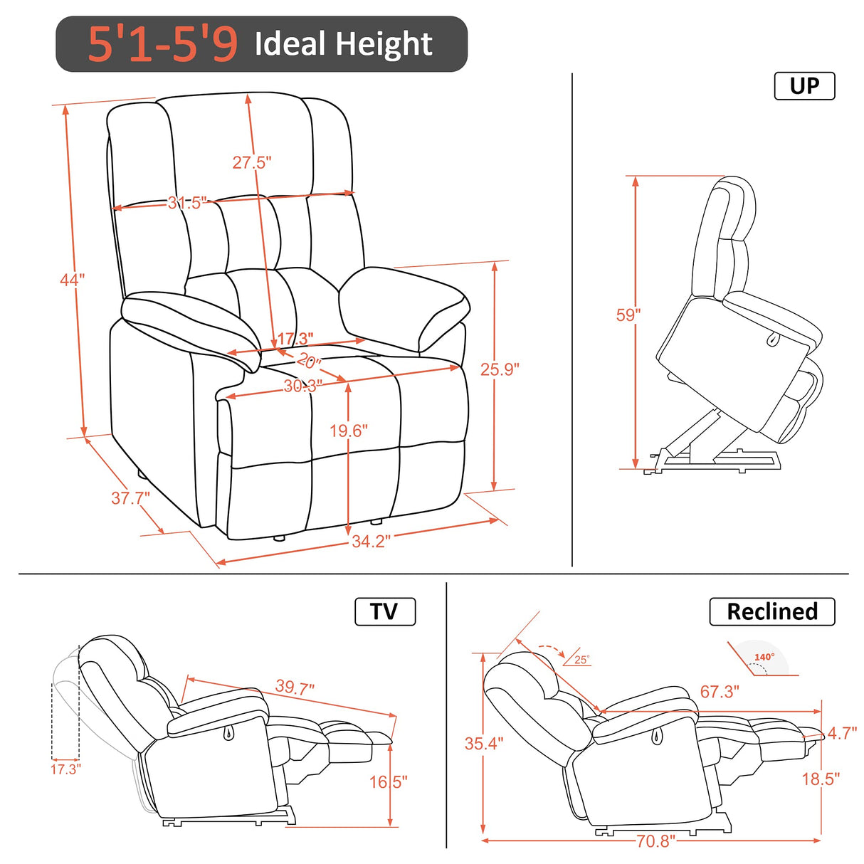 MCombo Power Lift Recliner Chair Sofa with Massage and Heat, Adjustable Headrest, 3 Positions, USB Ports, for Elderly People, Faux Leather 7533 MCombo