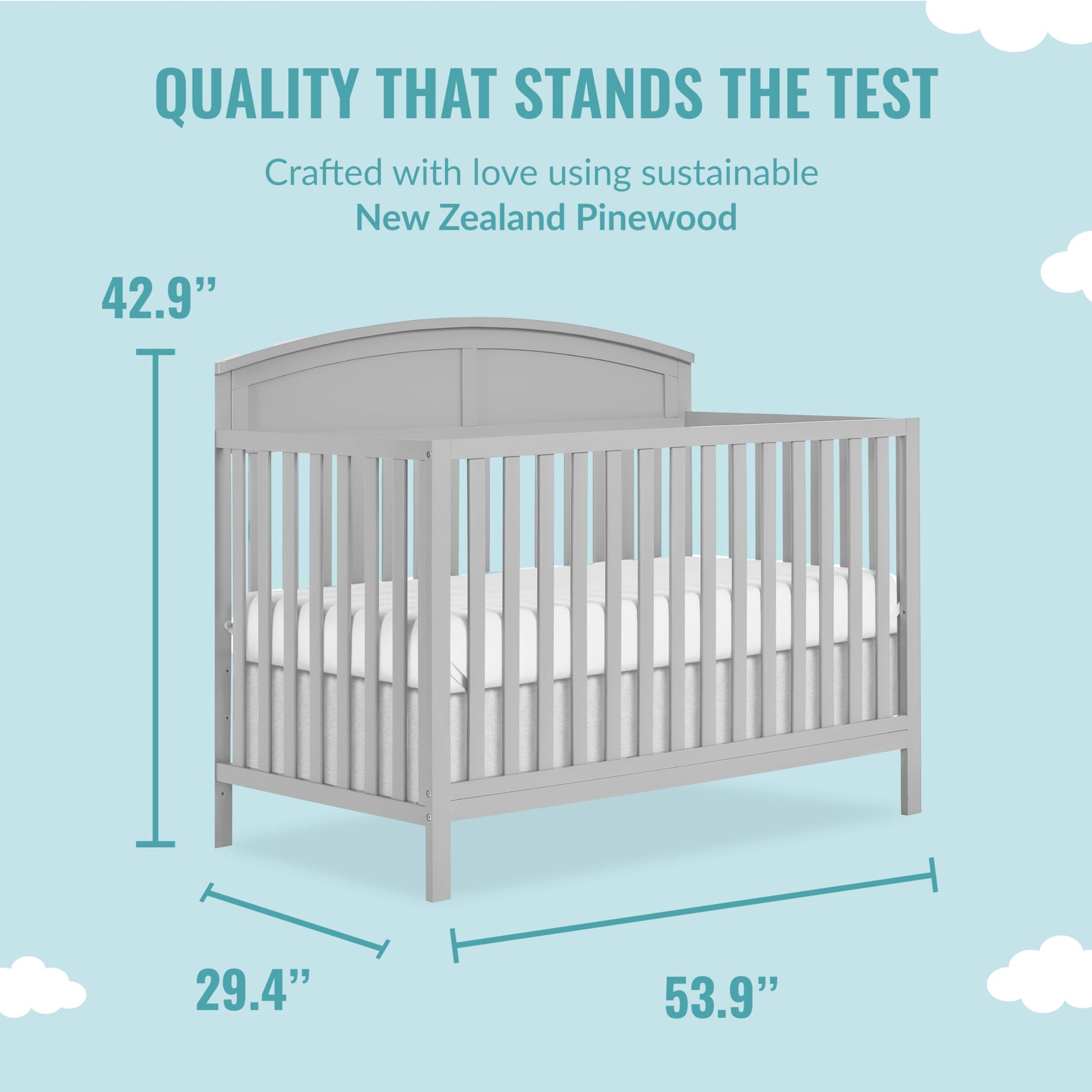 Evolur Dream On Me Storybrooke 5 in 1 Convertible Crib in Pebble Grey, JPMA & Greenguard Gold Certified, Built of Sustainable Pinewood, 3 Mattress Height Settings, Non-Toxic Water-Based Paint - WoodArtSupply