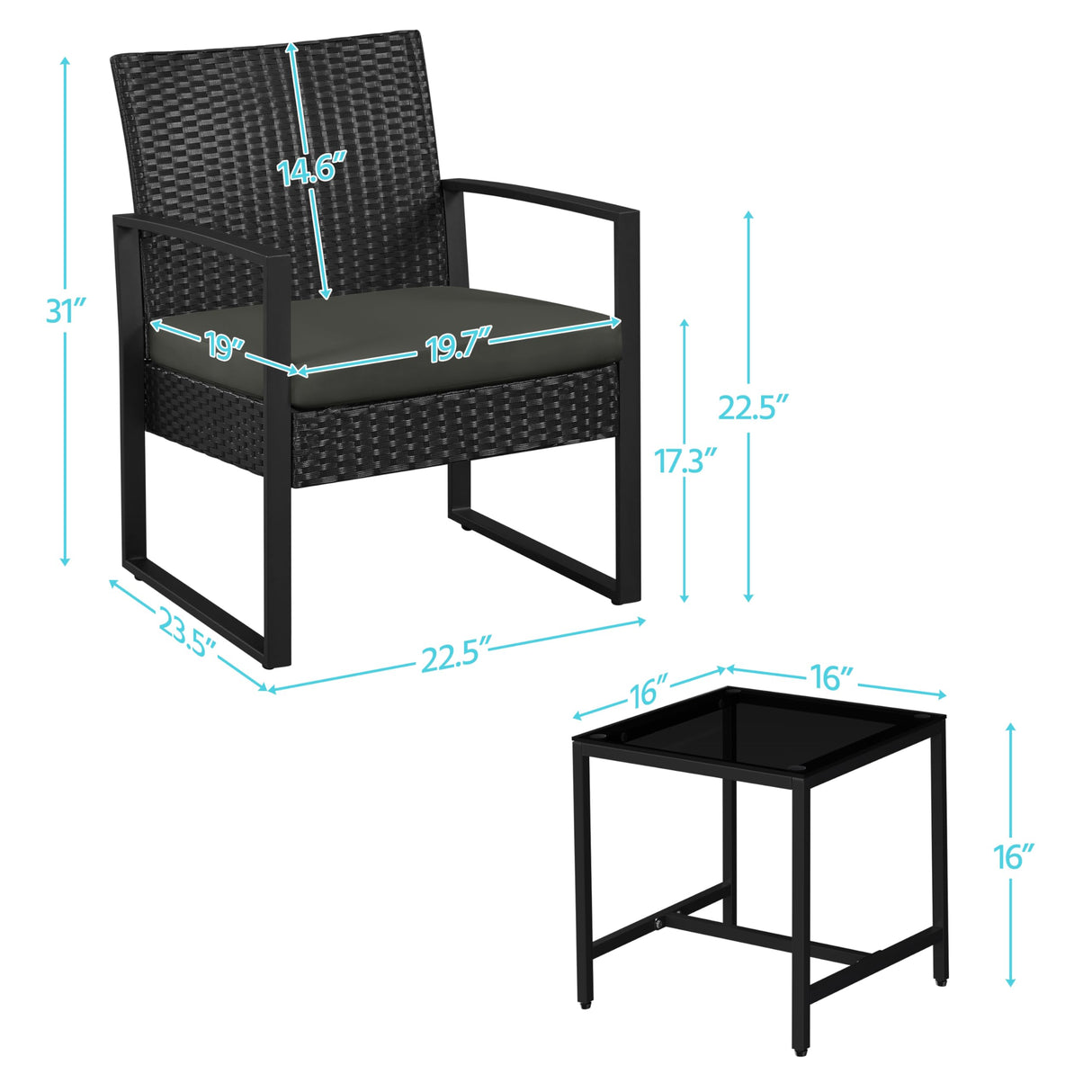 Yaheetech 3 Pieces Rattan Bistro Set, Indoor/Outdoor Wicker Patio Modern Conversation Furniture, 2 Chairs & Tempered Glass Coffee Table for Garden, Balcony, Backyard, Poolside, Black/Gray Yaheetech