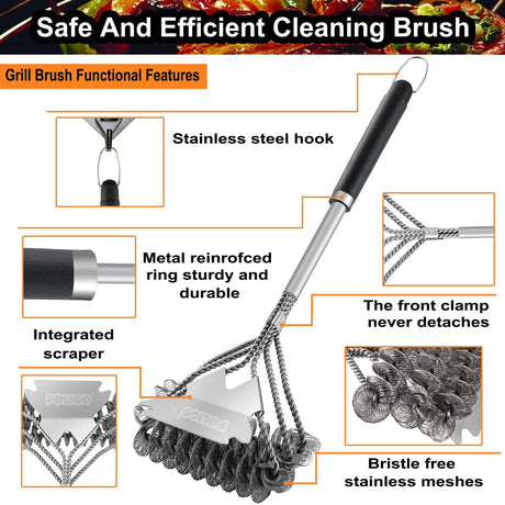 POLIGO 18" Grill Cleaner Brush Safe Grill Brush and Scraper Bristle Free - Stainless Steel BBQ Brush for Grill Cleaning - Wireless Grill Brush with BBQ Scraper for Grill - Gifts for Grill Wizard POLIGO