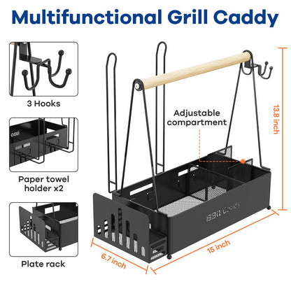 Grill Caddy for Outdoor Grill with 2 Paper Towel Holder, Camper Accessories, Condiment Caddy, Plates, and BBQ Caddy for Outdoor Kitchen, Tailgate Essentials, Grilling Gifts for Men